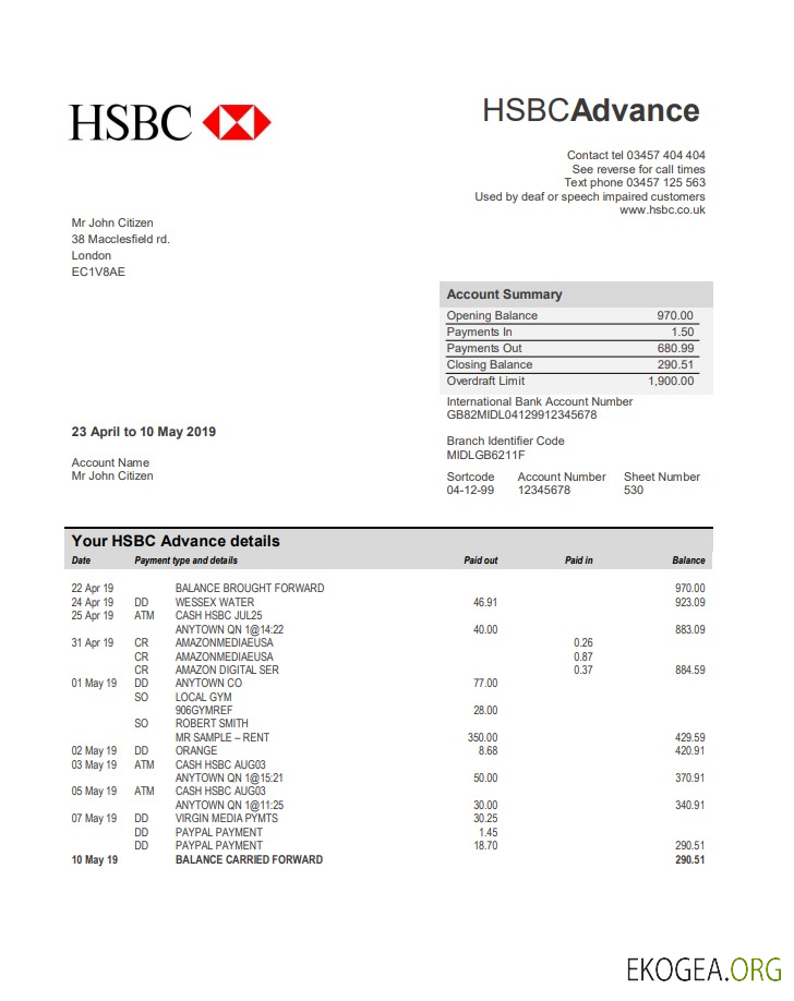 Modèle de relevé bancaire HSBC du Royaume Uni au format Word et PDF